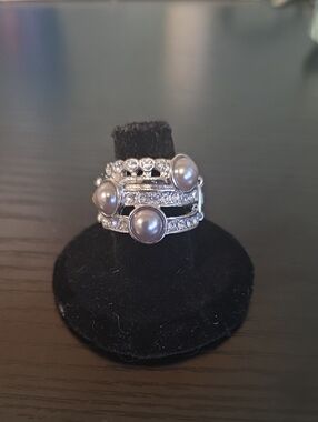 paparazzi Silver-Tone Pearl & Crystal Stack Ring - Gray Pearls